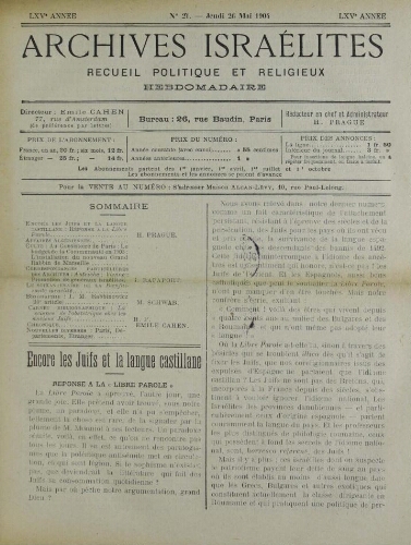 Archives israélites de France. Vol.65 N°21 (26 mai 1904)